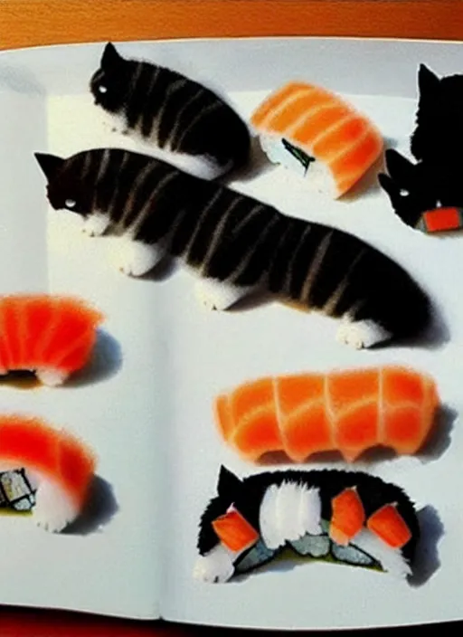 Image similar to clear photorealistic picture of adorable cats made out of sushi