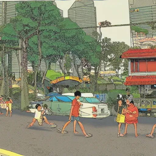 Image similar to a snapshot of daily life in a singaporean neighbourhood, by moebius