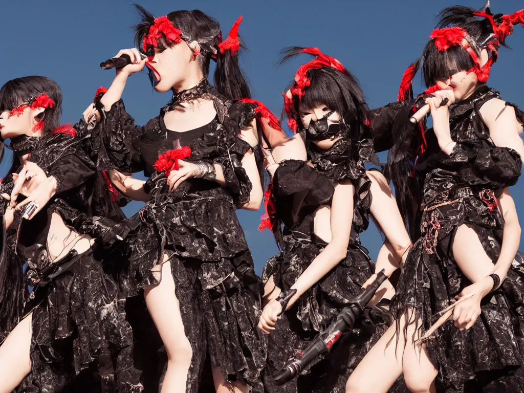 Image similar to babymetal 3 members performing on a tropical beach beautiful, scenery, high detail face, High Definition detail, 8K, photography