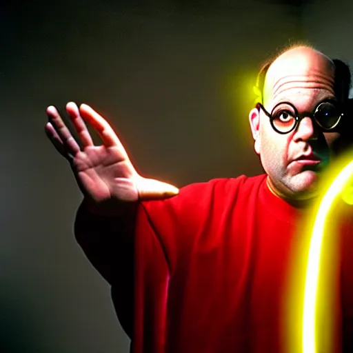 Image similar to uhd candid photo of george costanza as a super sayian, glowing, global illumination, studio lighting, radiant light, detailed, correct face, elaborate intricate costume. photo by annie leibowitz