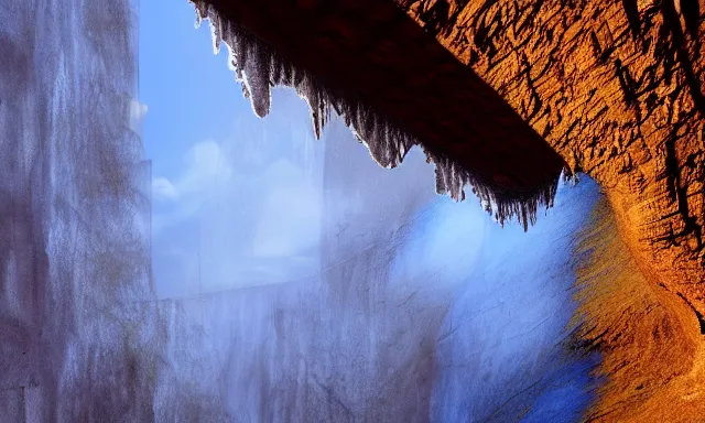 Image similar to beautiful photograph of a vertical tunnel made of raindrops in the blue sky, between a dried up river and the sun, highly-detailed, fantastic, dramatic lighting, artstation, 4k