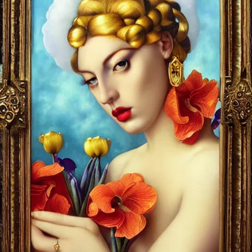 Image similar to dynamic composition, blonde woman with hair of irises and spring flowers wearing ornate earrings, ornate gilded details, a surrealist painting by tom bagshaw and jacek yerga and tamara de lempicka and jesse king, wiccan, pre - raphaelite, featured on cgsociety, pop surrealism, surrealist, dramatic lighting