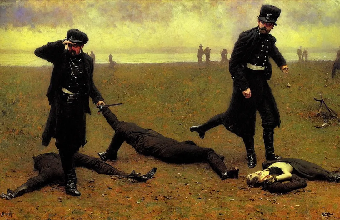 Image similar to victorian policeman finding a dead body, 1 8 9 0 s, detailed painting, epic lighting, by ilya repin, phil hale and kent williams