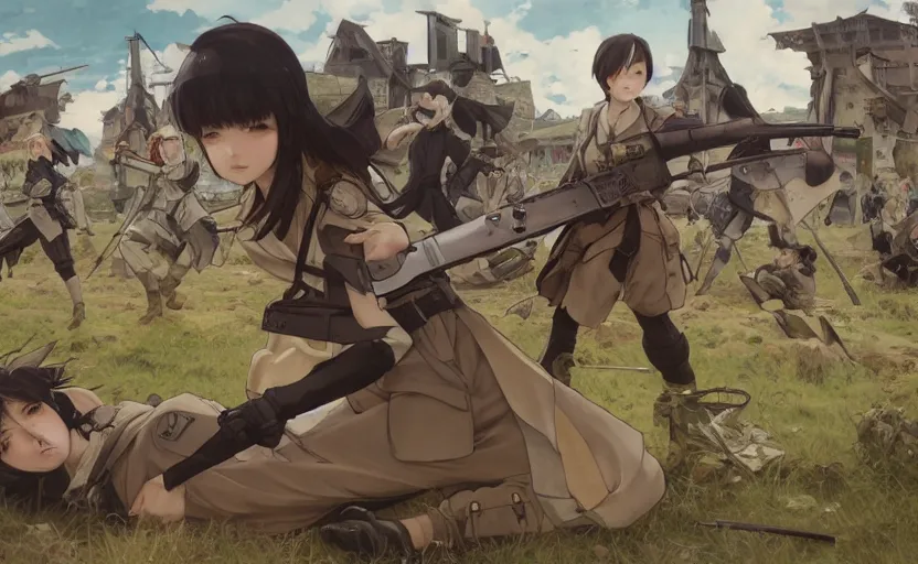 Image similar to panoramic of girl fighting, soldier clothing, battlefield in background, anime style, short hair, hair down, symmetrical facial features, from arknights, hyper realistic, 4 k, rule of thirds, extreme detail, detailed drawing, safebooru, hd, d & d, realistic lighting, by alphonse mucha, greg rutkowski, sharp focus, backlit