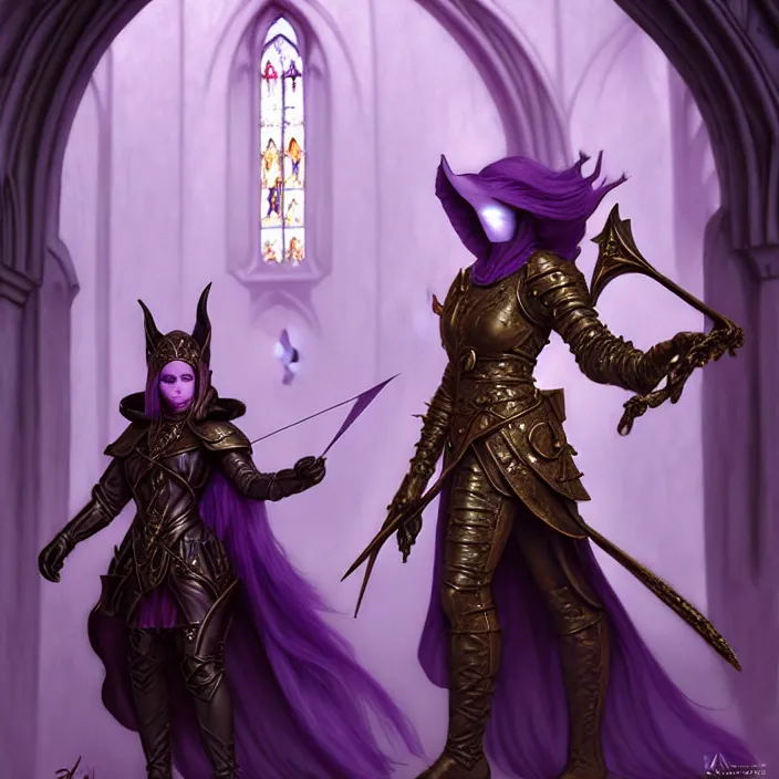 Prompt: masked d & d bard with her lilac leather armor in a cathedral, volumetric lighting, fantasy, intricate, elegant, highly detailed, lifelike, photorealistic, digital painting, artstation, fox ears illustration, concept art, sharp focus, by john collier and albert aublet and krenz cushart and artem demura and alphonse mucha