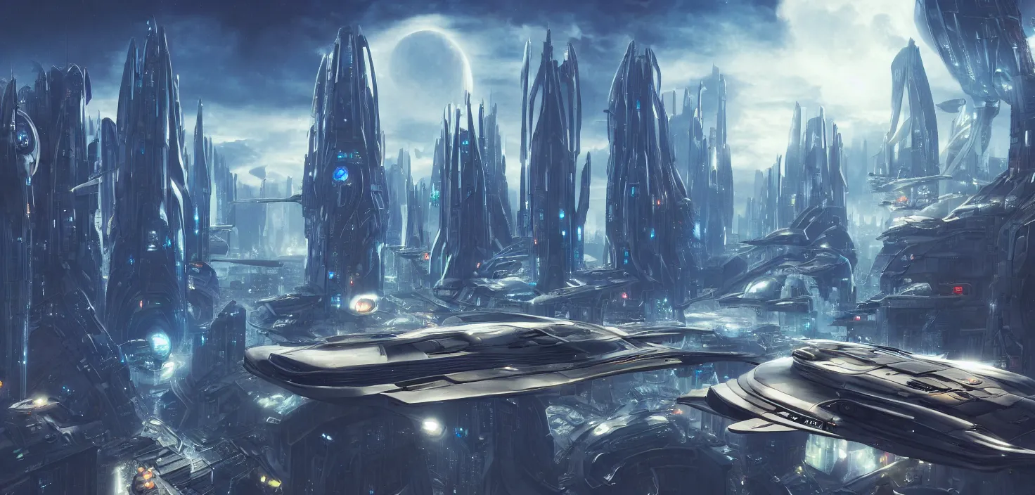 Image similar to a futuristic city scene with a flying spaceship, a detailed matte painting by chris moore, shutterstock contest winner, afrofuturism, matte painting, futuristic, sci - fi