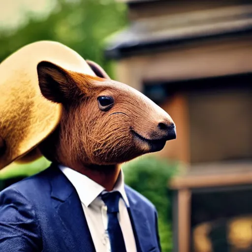 Image similar to smoking cigar, a man wearing a suit capybara head wearing a hat (smoking cigar)