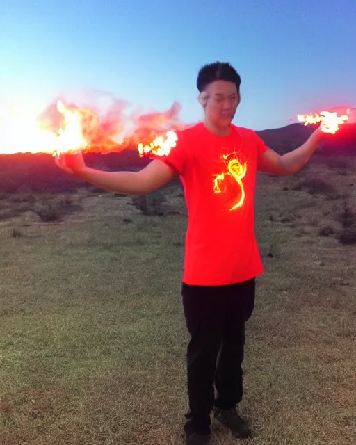 Image similar to [ squidward ] wearing fire nation clothing and practicing firebending outside at susnset