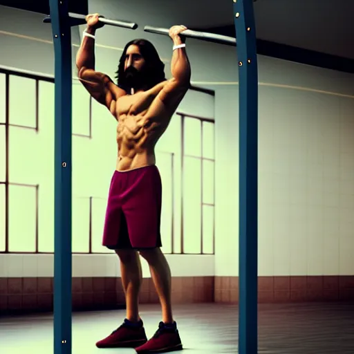 Image similar to Jesus lifting weights in gym, photorealistic, 4K