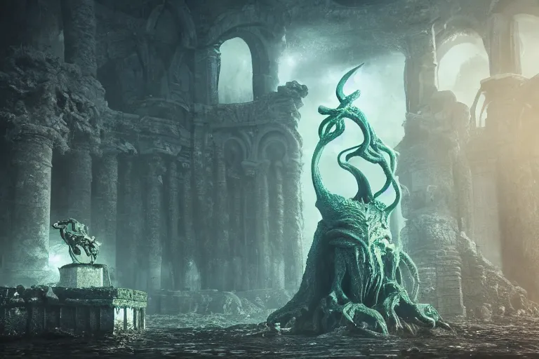 Image similar to cthulhu sitting on a throne in an underwater ruins, dark souls inspired, elden ring inspired, octane render, rtx, unreal engine 5, digital painting, trending on artstation, highly detailed, epic composition, 8 k uhd