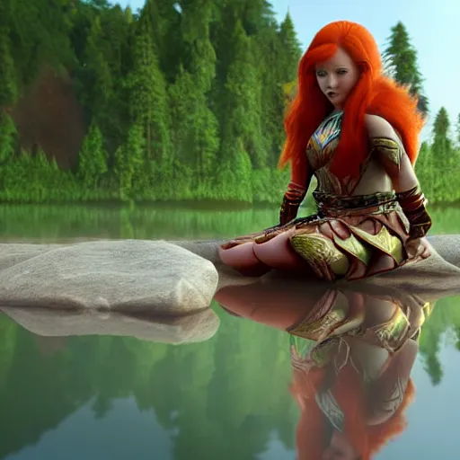 Image similar to beautiful female redhead elf warrior wearing armor, sitting next to a beautiful lake at dawn, enjoying the wind, looking at the water. 8k ultra realistic, award winning, unreal engine 5, masterpiece, atmosphere glow, hyperrealistic, focused, extreme details, cinematic