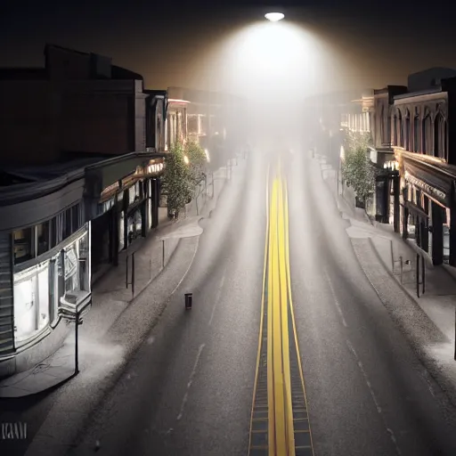 Prompt: A stunningly beautiful award-winning 8K high angle from 2nd floor cinematic movie photograph looking down diagonally across a spooky dark very foggy empty lightless moonlit main street intersection in an abandoned 1950s small town at night. perfect composition, moody low key backlit. Color palette from Seven, greens yellows and reds. 2 point perspective. Octane render