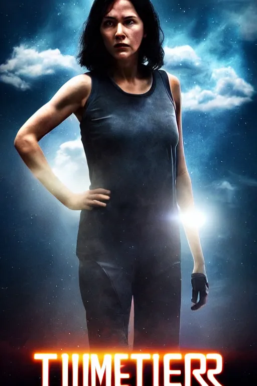 Prompt: a movie poster of the sci - fi movie time runner ( 2 0 1 8 ), starring a black haired woman in a tank top, very detailed face, robots, clouds, mystery