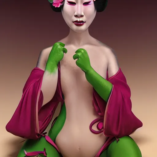 Image similar to organic seductive Geisha Kermit the Frog from Sesame Street, pearlescent skin, diffuse lighting, fantasy, intricate, elegant pose, highly detailed, lifelike, photorealistic, digital painting, artstation, illustration, concept art, different full body view, smooth, sharp focus, art by John Collier and Albert Aublet and Leonardo da vinci and Krenz Cushart and Artem Demura and Alphonse Mucha