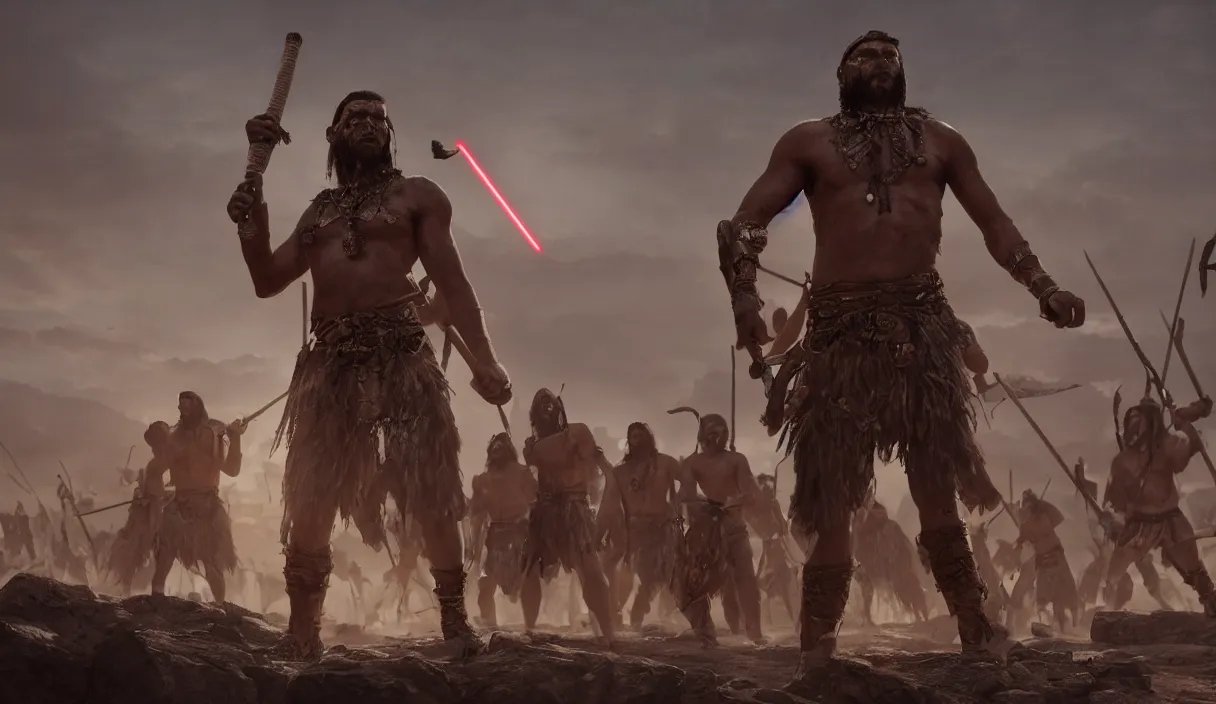 Image similar to an ancient tribesman with laser sword standing in front of barbarian horde, dramatic lighting, cinematic, establishing shot, extremely high detail, photorealistic, cinematic lighting, artstation, octane render, western,old photo, vintage