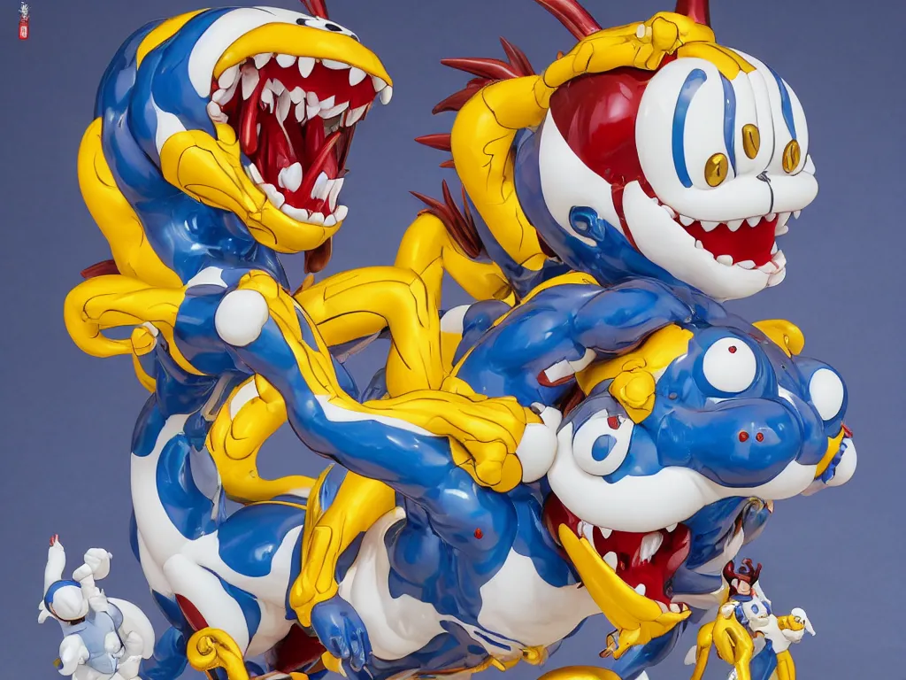 Prompt: Jeff Koons Doraemon Dorami Street Sharks Venom Galaxy Rangers Fractal Dragon statue, in the style of Hajime Sorayama, Max Fleischer, Boris Vallejo