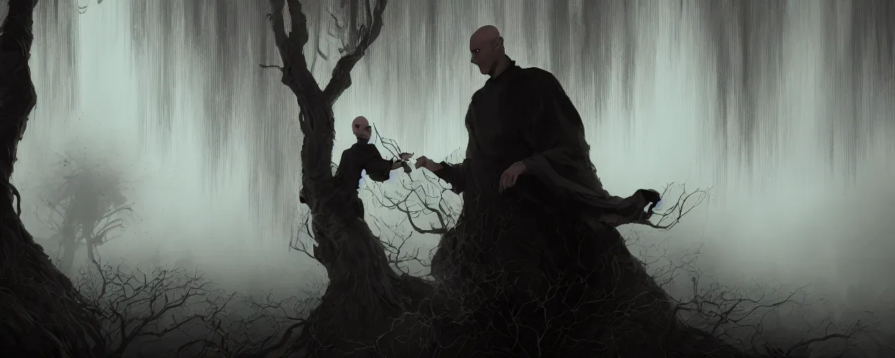 Prompt: duotone noir illustration close up of bald merchant demon in midair among willow tree in medieval brown tunic. foggy evening. dynamic dark dream atmosphere with volumetric hellish lighting, by sachin teng and sergey kolesov and ruan jia and heng z. graffiti art, scifi, fantasy, hyper detailed. octane render. concept art. trending on artstation