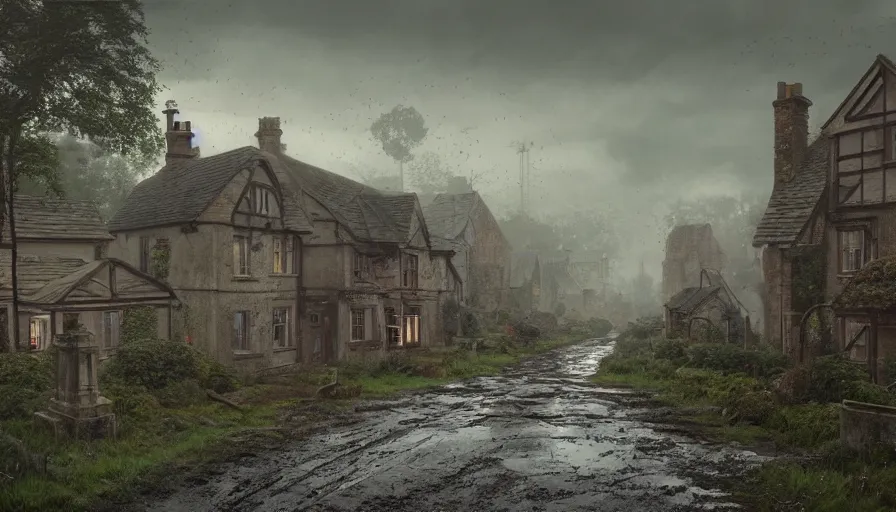 Image similar to A highly detailed matte painting of abandoned english village, rusty, rainy day, muddy road, old cemetery, by Studio Ghibli, Makoto Shinkai, by Artgerm, by WLOP, by Greg Rutkowski, volumetric lighting, octane render, 4K resolution, trending on artstation, masterpiece