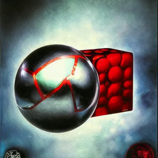 Image similar to chrome spheres on a red cube by ayami kojima