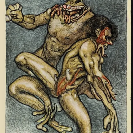 Image similar to a muscular frog man suplexing a toad man in a wrestling ring, detailed, artist arthur rackham, pastel colors