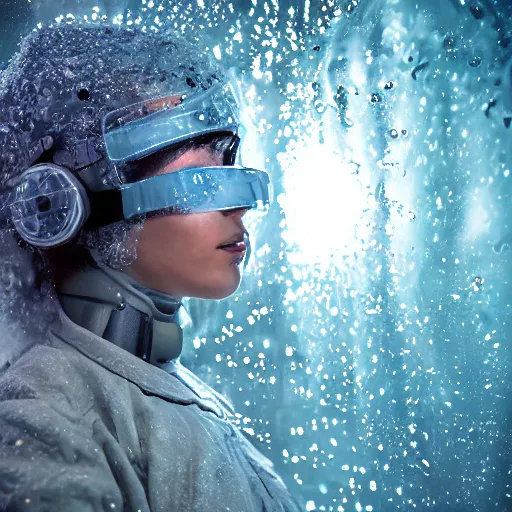 Image similar to futuristic female soldier eyes closed partly submerged in highly viscous clear fluid, frost particles, ice needles, cold blue light, complex hyperdetailed technical suit. white hair flowing. reflection. rays and dispersion of light. volumetric light. 5 0 mm, f / 3 2. noise film photo. ultra realistic, wide angle.