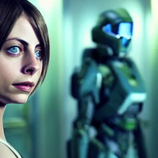 Image similar to film still of !!Willa Holland!! as !!!!!pale blue-skinned!!!!! Cortana, as in Halo 4, in a new Halo movie, 4k