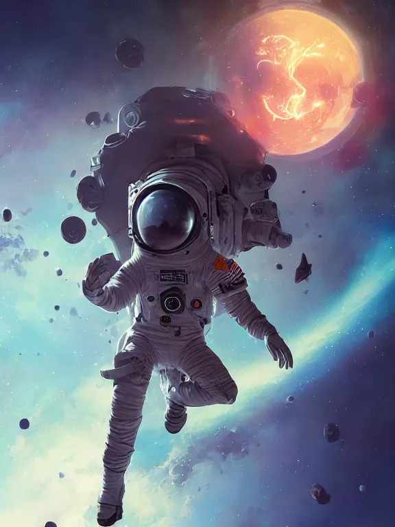 Image similar to photo of 8k ultra realistic astronaut floating in space, dark, stars, full of colour, cinematic lighting, battered, trending on artstation, 4k, hyperrealistic, focused, extreme details,unreal engine 5, cinematic, masterpiece, art by Peter Mohrbacher