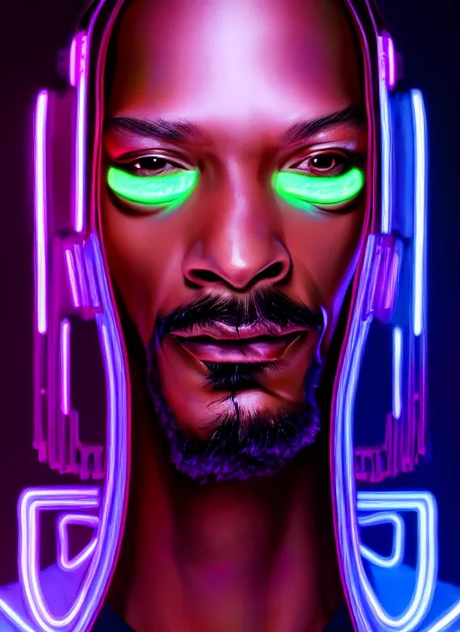 Prompt: portrait of snoop dog cyber humanoid, intricate, elegant, cyber neon lights, highly detailed, digital painting, artstation, glamor pose, concept art, smooth, sharp focus, illustration, art by artgerm and greg rutkowski