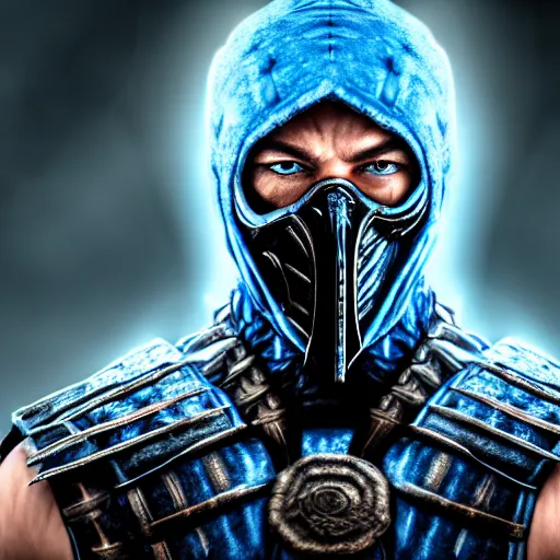 Image similar to a portrait of Sub Zero ,Grim fantasy, Mortal Kombat, blue aura, cold ice spark , HDR, natural light, shoulder level shot, dynamic pose, award winning photograph, Mucha style, 4k,