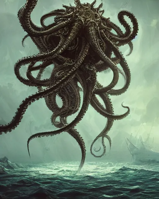 Image similar to An invisible Kraken in the middle of the sea, fantasy art, in the style of greg rutkowski, illustration, epic, fantasy, intricate, hyper detailed, artstation, concept art, smooth, sharp focus, ray tracing