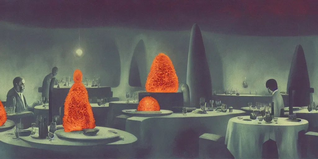 Prompt: spherical lava people at underwater restaurant Edward Hopper and James Gilleard, Zdzislaw Beksinski highly detailed