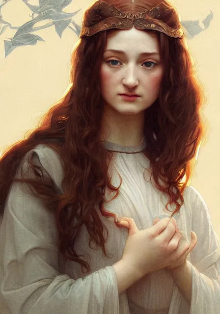 Image similar to portrait of little bird sansa stark, intricate, elegant, highly detailed, digital painting, artstation, concept art, smooth, sharp focus, illustration, art by artgerm and greg rutkowski and alphonse mucha and william - adolphe bouguereau