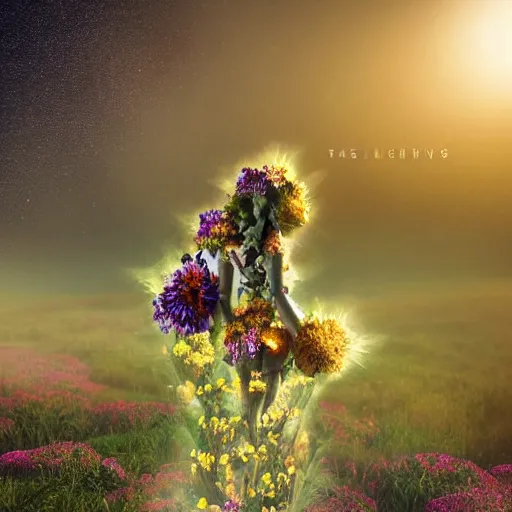 Image similar to A picture of a planet of various flowers, fungus and plants, in which the human figure is dressed in something magical and impressive, inside the picture is infinity, sunset light, Atmospheric phenomenon, artistic photography, muted colors, conceptual