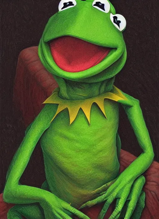 Image similar to portrait of Kermit the frog in ExistenZ (1999), highly detailed, centered, solid color background, digital painting, artstation, concept art, smooth, sharp focus, illustration, artgerm, donato giancola, Joseph Christian Leyendecker, Les Edwards, Ed Repka, WLOP, Artgerm