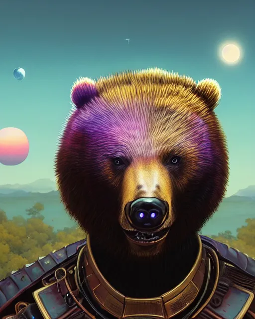 Image similar to highly detailed surreal vfx portrait of a metallic chromatic samurai bear in front of planets filled sky, stephen bliss, unreal engine, greg rutkowski, loish, rhads, beeple, makoto shinkai and lois van baarle, ilya kuvshinov, rossdraws, tom bagshaw, alphonse mucha, global illumination, detailed and intricate environment