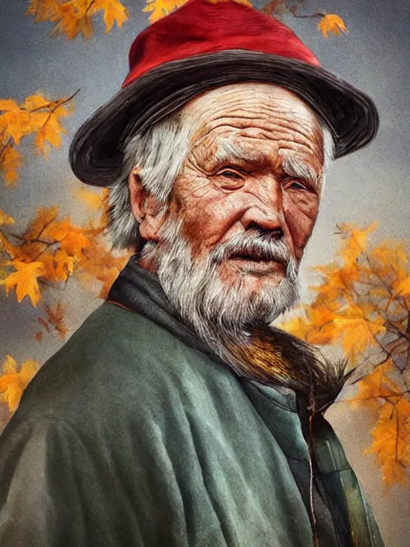 Image similar to realistic renderings portrait of very old fisher man portrait with a hat, wearing a fisher 🧥, colored wears, ( ( ( ( ( a bird in the sky ) ) ) ) ) port scene background, astonishing scenes, detailed, photorealism, volumetric lighting, autumn lights colors, ultra detailed