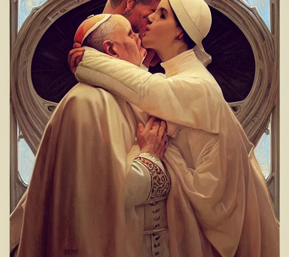 Image similar to photography of a pope kissing the breast of a sensual woman, deep focus, intricate, elegant, highly detailed, digital painting, artstation, concept art, matte, sharp focus, illustration, art by artgerm and greg rutkowski and alphonse mucha