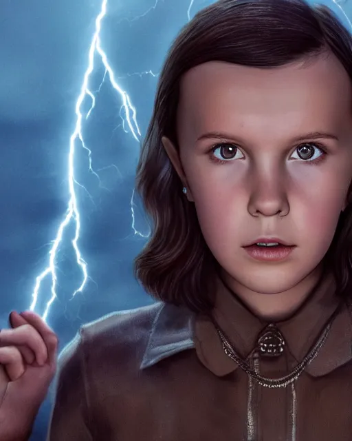 Prompt: Portrait of Millie Bobby Brown in a jungle of lightning