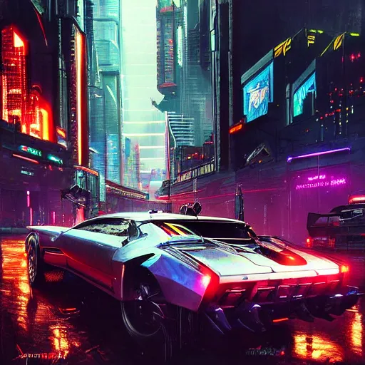 Prompt: cyberpunk 2 0 7 7 night city, highly detailed, oil painting, dark, dramatic,
