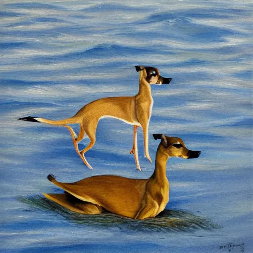 Prompt: whippet and duck strolling on the sea, painting