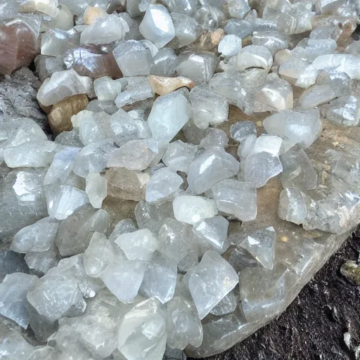 Prompt: giant clear quartz crystals that intersect each other in a large magical cave