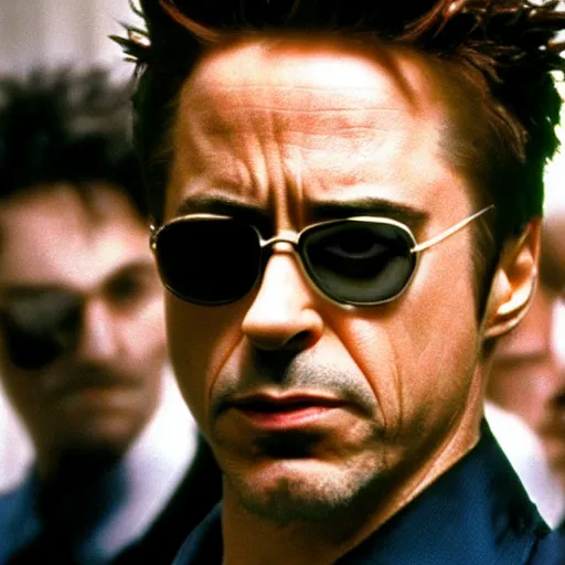 Prompt: still movie photo of robert downey jr in the movie fight club. real photo. 4 k
