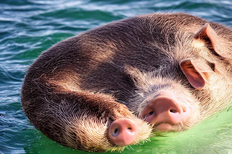 Image similar to a pig sea otter!!! hybrid! hyper realistic!! realistic lighting!! wildlife photographer of the year!!! bold natural colors, national geographic, hd, wide angle, 8 k