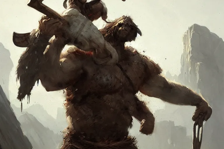 Image similar to hill giant wielding a goat as a weapon, horrifying brute by greg rutkowski, detailed painting