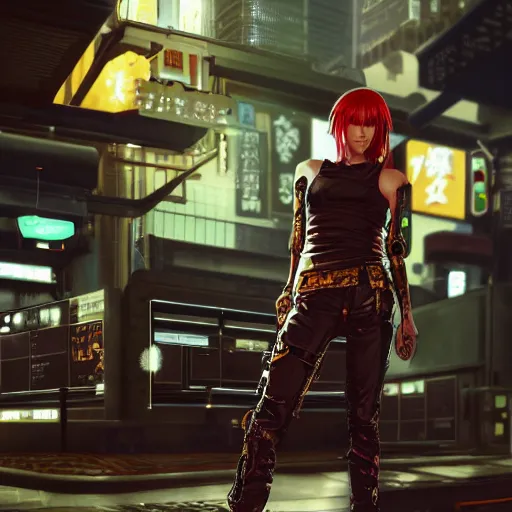Prompt: a full body illustration of an Japanese female cyberpunk character with red hair, cyberpunk 2077 concept art, wearing oversized gold techwear jacket revealing tank top underneath, torn punk leather pants, highly detailed, soft lighting, by Stanley Artgerm Lau, WLOP, Rossdraws, James Jean, Andrei Riabovitchev, Marc Simonetti, and Sakimichan, HD, 4K