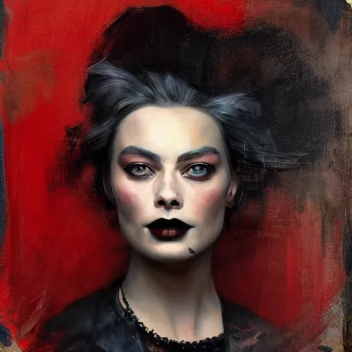 Image similar to solomon Joseph Solomon and Richard Schmid and Jeremy Lipking victorian genre painting portrait painting of a young beautiful woman Margot Robbie punk rock goth with punk rock haircut in fantasy costume, red background