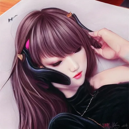 Prompt: realistic detailed semirealism beautiful gorgeous cute Blackpink Lalisa Manoban sleeping, black hair black cat ears, black leather choker, proportional body, WLOP, Aztodio, Taejune Kim, sakimichan, ArtGerm, Pixiv, Instagram, Artstation