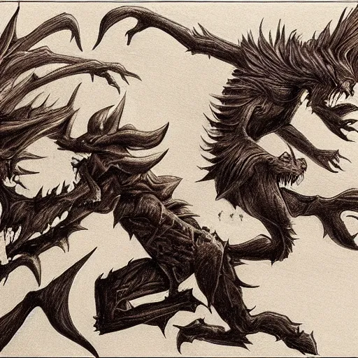 Image similar to detailed drawing of shadows chasing other shadow monsters by art gem.