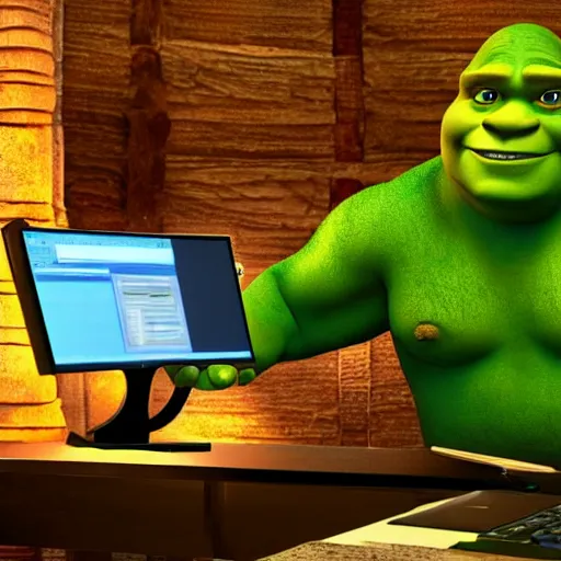 Prompt: shrek using the computer, hd