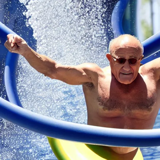 Prompt: shirtless rudy giuliani sliding down a waterslide in disney world